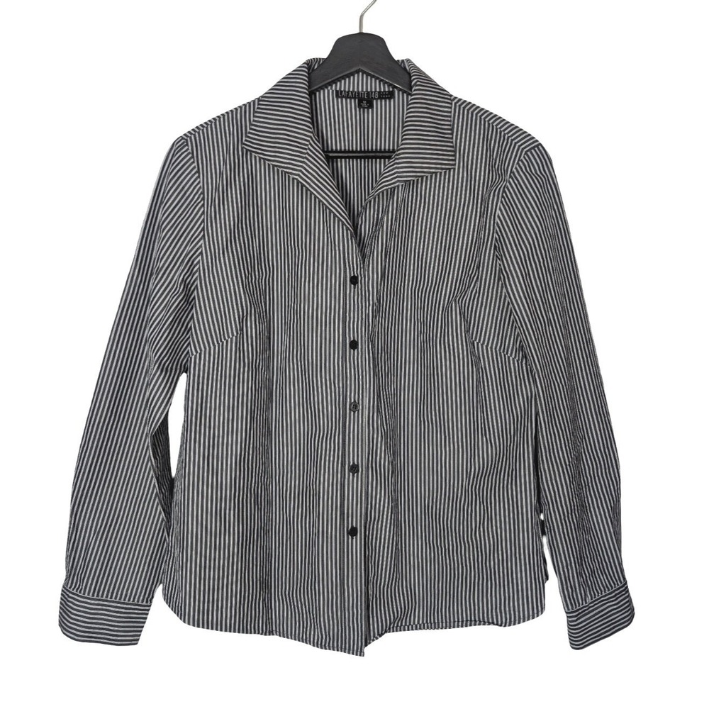 Lafayette 148 New York Striped‎ Button Front Shirt Women's 12 Cotton - Picture 1 of 7